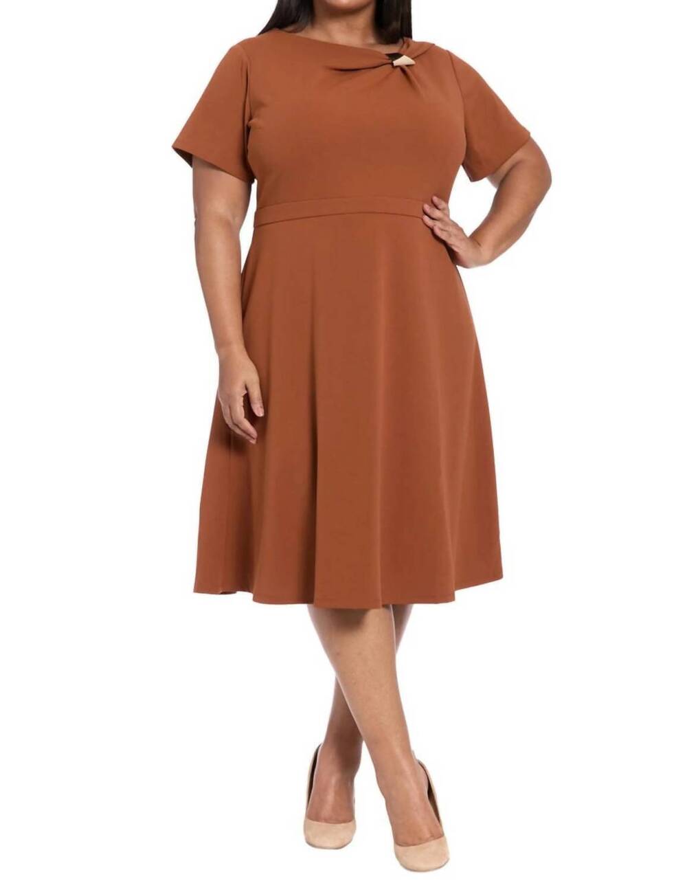NEW LONDON TIMES short sleeve a-line midi dress in cedar brown